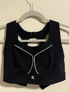 Sweaty Betty Zero Gravity Black Sports Bra with White Piping-34D
